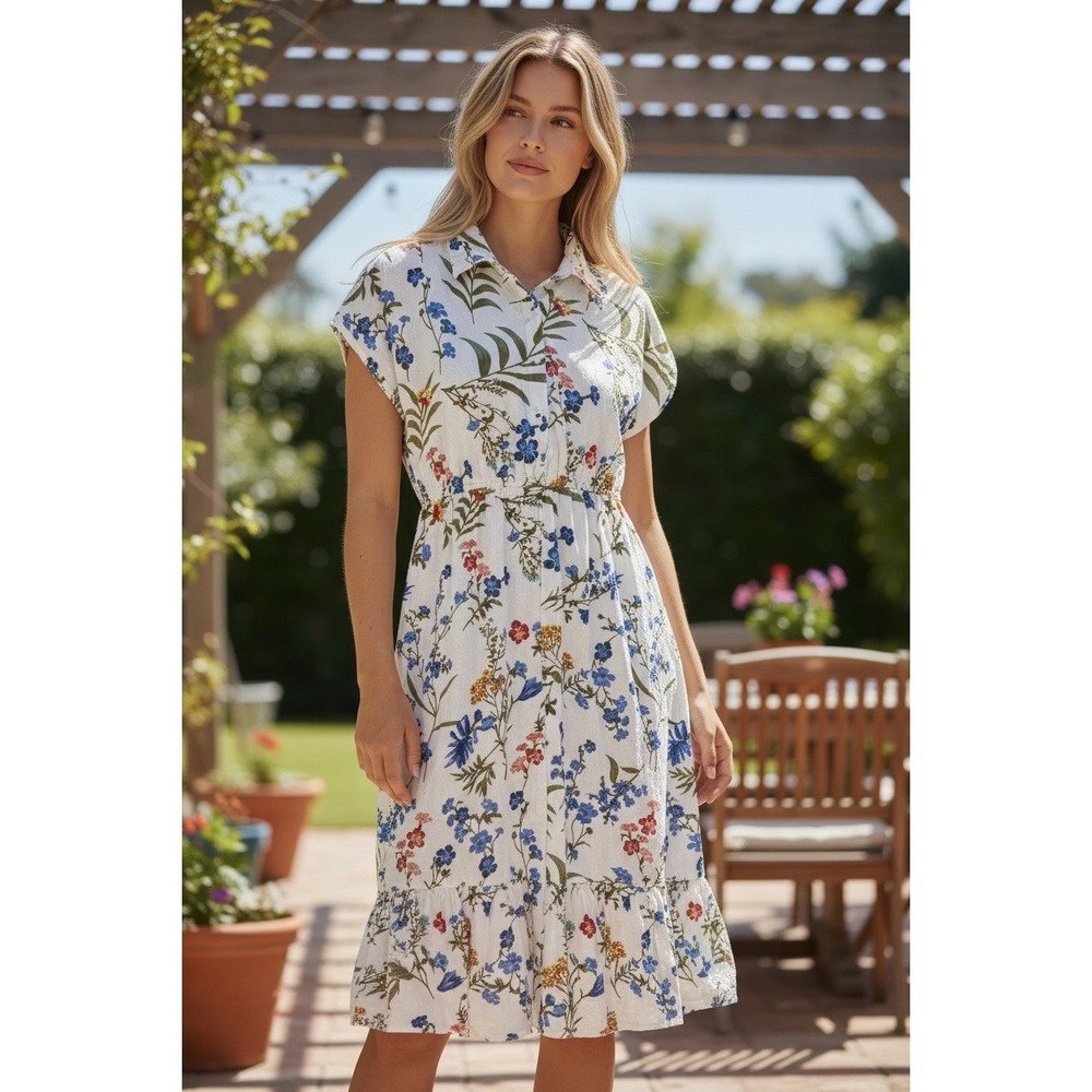Lapogee Women Floral Linen Blend Summer Midi Dress Blue White Garden Vacation M